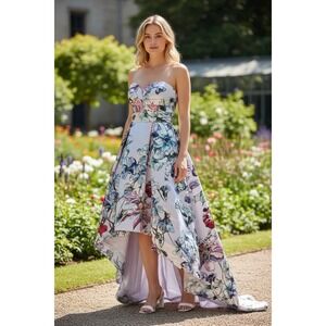 Parker Black Lavender Floral Strapless High Low Fit Flare Dress Cocktail Size 4